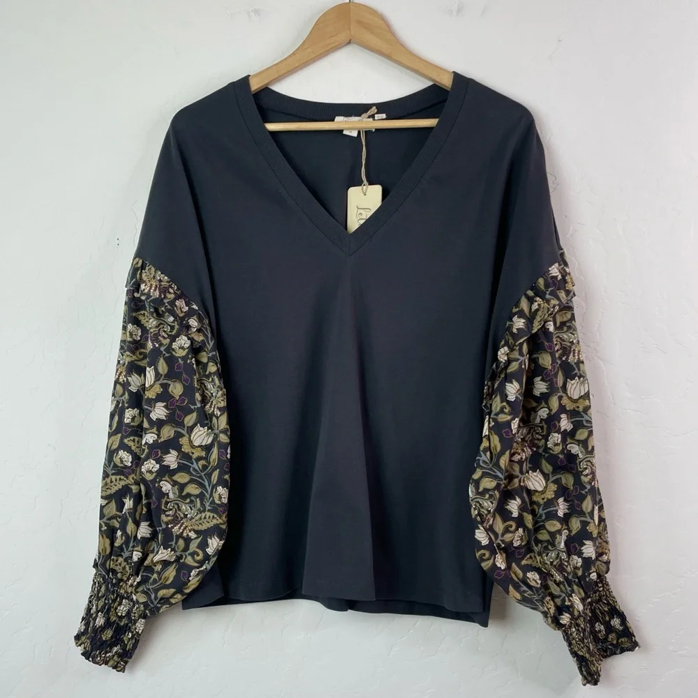 Anthropologie Plus Let Me Be Sydney Long Puff-Sleeved Black Floral Blouse Top 1X - Picture 2 of 16